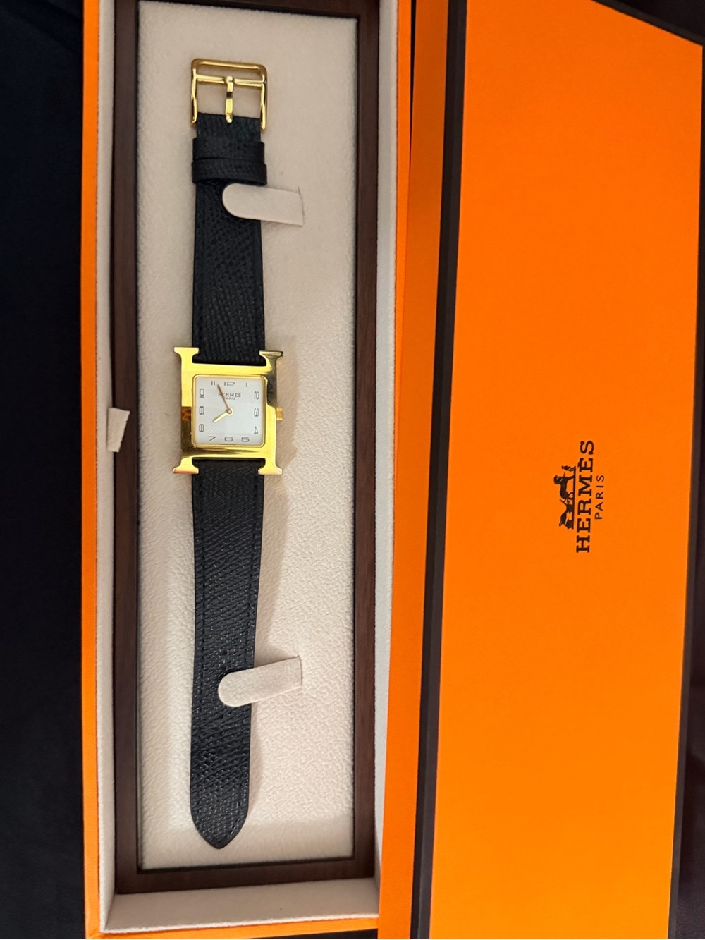 Hermès Heure H Gold-Tone Square Watch with Black Leather Strap